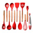 Ver imagem 1 de Kit 12 Utensílios de Cozinha Peças de Silicone e Cabo de Madeira Madeira Resistentes - Vermelho