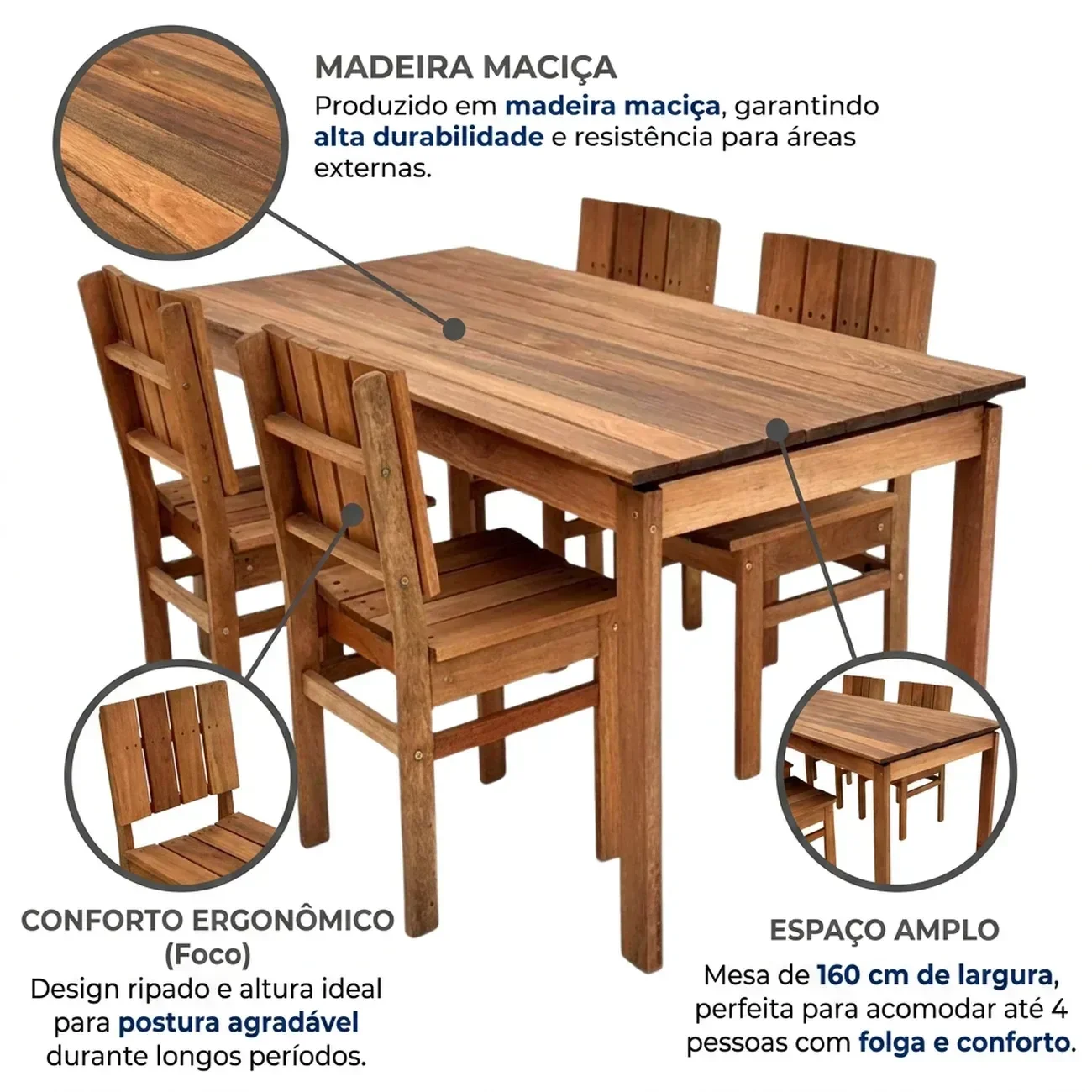 Ver imagem 3 de Conjunto Externo com Mesa Retangular 160cm e 4 Cadeiras Ultron Madeira Maciça Marrom