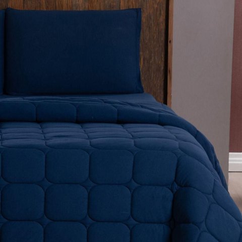 Kit Cobre Leito Colcha Livorno Solteiro Acolchoado Fofo Macio Malha 100% Algodão 2 Peças - Azul