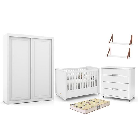 Dormitório Tutto New 2 Portas, Cômoda, Berço Branco Soft com Colchão D18 e Prateleiras - Matic Móvei