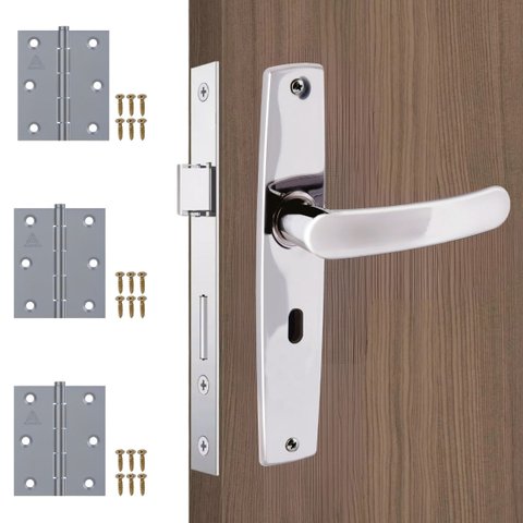 Fechadura para Porta Interna Aço Inox Polido Cromado + Dobradiças Aço Zincado 3.1/2"