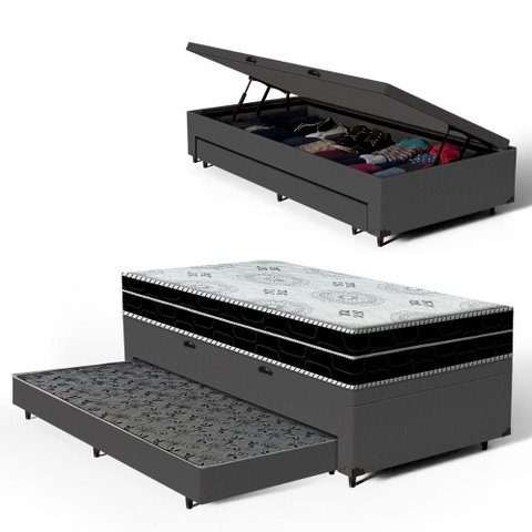Cama Box Baú com Colchão de Espuma D45 Pillow In Anjos Ortoconfort + Auxiliar Unique Solteiro 88cm
