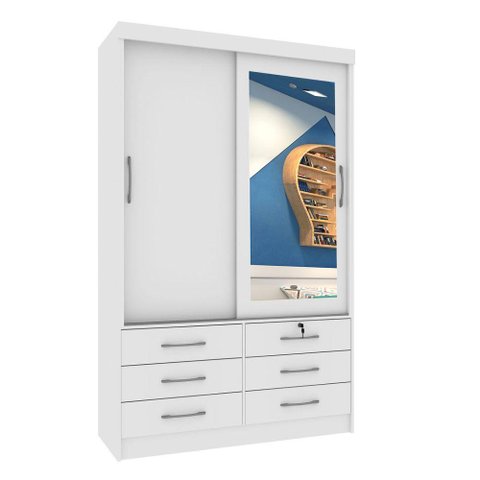 Guarda Roupa 2 Portas 6 Gavetas Chicago Com Espelho branco
