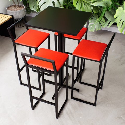 Conjunto Mesa Alta Bar Bistrô Quadrada Preta 4 Banquetas Confort Estofado Don Castro