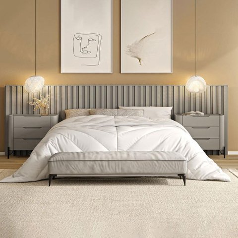 Conjunto Cabeceira Super King 400cm C/ 2 Mesas de Cabeceira Cor:grigio com Preto
