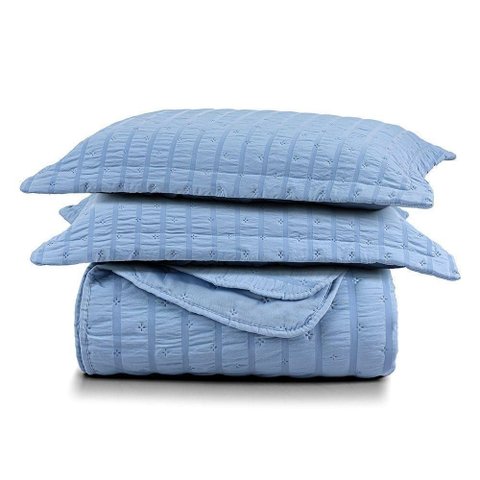 Cobre Leito Queen Plissê Seersucker e Matelado Ultrassônico 03 Peças 100% Poliéster - Azul