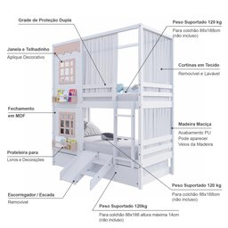 Treliche Casinha Reta com 02 Janelas Escorregador e Cortina Madeira Maciça Branco/ Rosa Housin - 3
