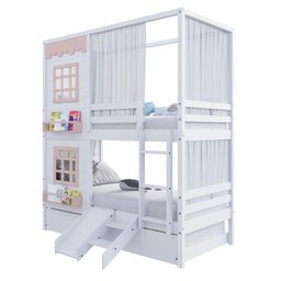 Treliche Casinha Reta com 02 Janelas Escorregador e Cortina Madeira Maciça Branco/ Rosa Housin - 5