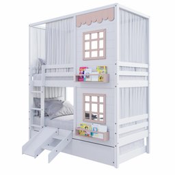 Treliche Casinha Reta com 02 Janelas Escorregador e Cortina Madeira Maciça Branco/ Rosa Housin - 2