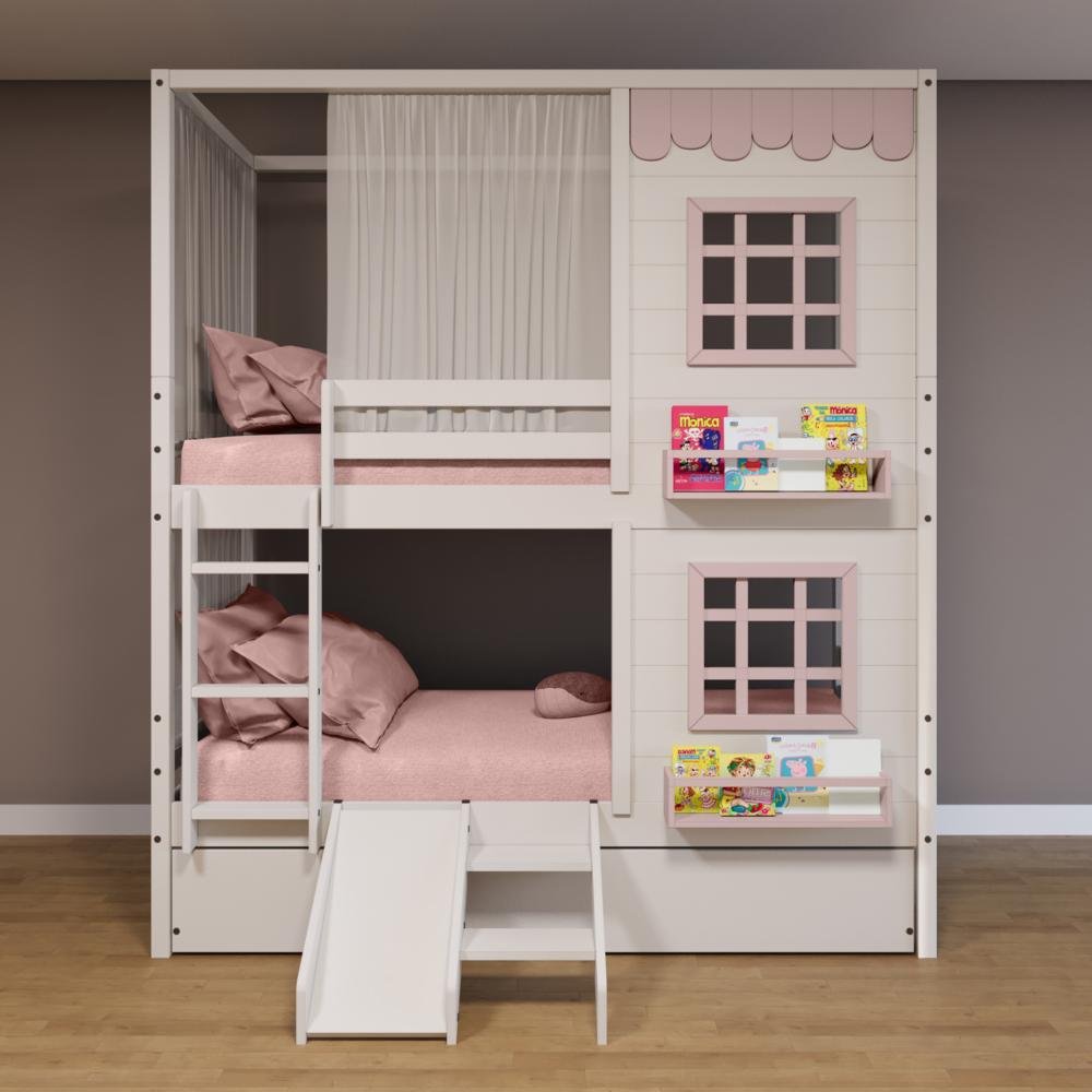 Treliche Casinha Reta com 02 Janelas Escorregador e Cortina Madeira Maciça Branco/ Rosa Housin