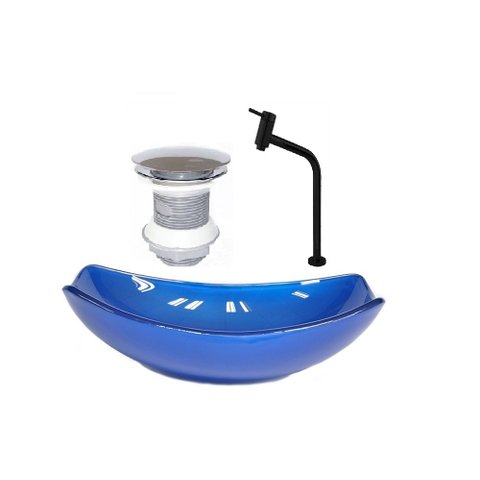 CUBA DE VIDRO OVAL CHANFRADA 51CM AZUL ESCURO + VALVULA + TORNEIRA PRETA