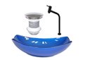 Ver imagem 1 de CUBA DE VIDRO OVAL CHANFRADA 51CM AZUL ESCURO + VALVULA + TORNEIRA PRETA