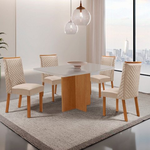 Mesa de Jantar Olimpia 120cm Tampo MDF Vidro com 4 Cadeiras Yasmin