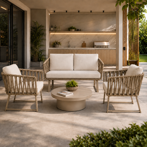 Conjunto Sofa + 2 Poltronas Tricô Náutico Alumínio Resistente Aquablock Área Gourmet Jardim:Champanh