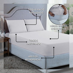 Jogo de Cama Lençol King Size 400 Fios Poliéster 4 Peças Conjunto com Elástico e Fronhas:branco - 6