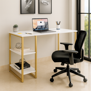 Mesa Escrivaninha Estilo Industrial com Prateleiras 100x50cm Mdf Premium Branco e Aço Dourado