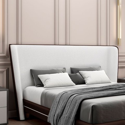 Cabeceira Design para Cama de Casal Torres Pés em Madeira Pu/bouclê Marrom/off White G91 - Gran Belo