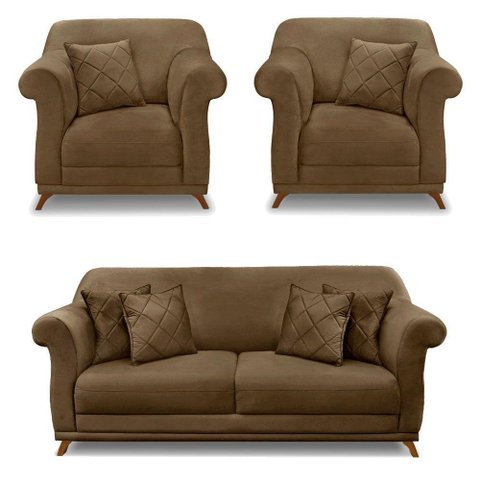 Kit 2 Poltronas E Sofá 2 Lugares 1,60m Pés Castanho Caramelo