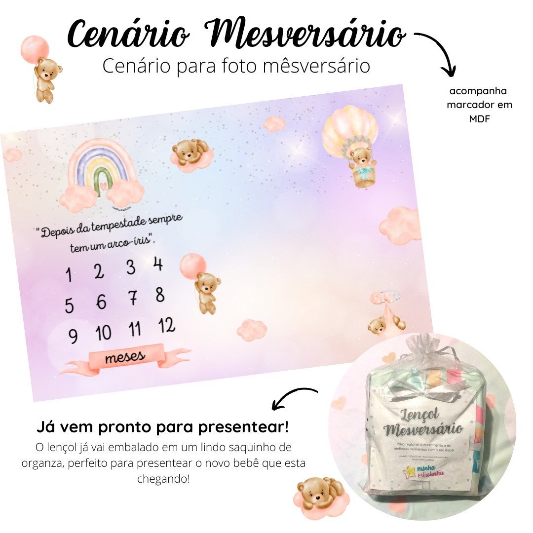 Lençol Mêsversário Cenário para Fotos Bebê Ursinha Menina Minha Estrelinha Lençol Mêsversário Cenári - 4