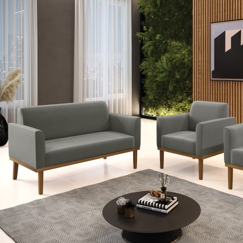 Conjunto Poltrona e Namoradeira Decorativa Isabella Pés Fixo em Madeira Castanho Suede Grafite G19 -
