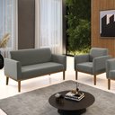 Ver imagem 1 de Conjunto Poltrona e Namoradeira Decorativa Isabella Pés Fixo em Madeira Castanho Suede Grafite G19 -