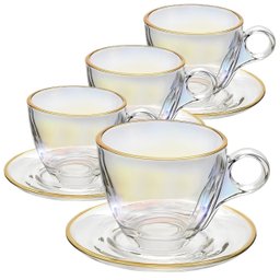 Jogo de Xícaras para Café Menfis Rainbow com Borda Dourada em Cristal com Pires 170 Ml - 8 Peças - 1