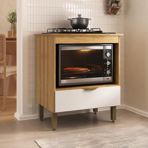 Balcão para Cooktop 4 ou 5 Bocas e Forno 70cm com Gaveta Cozinha Moderna B00700 Mel/Branco - Ozini