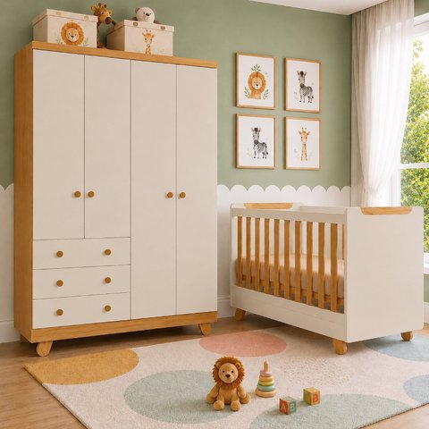 Quarto de Bebê Guarda-Roupa 4 Portas e Berço Minicama 4 em 1 Levy 100% MDF Yescasa