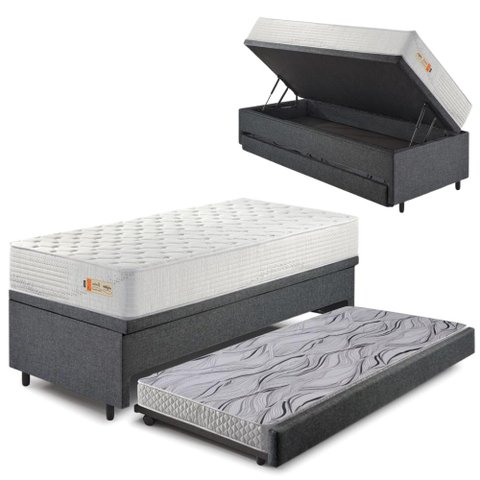 Bicama Box Baú Linho 88x188 com Colchão Ecoline D33 Ecoflex