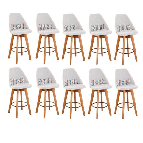 Kit 10 Banquetas Alta Maya Giratória Com Encosto Linho Bege Claro e Almofada Mosaico - Gat