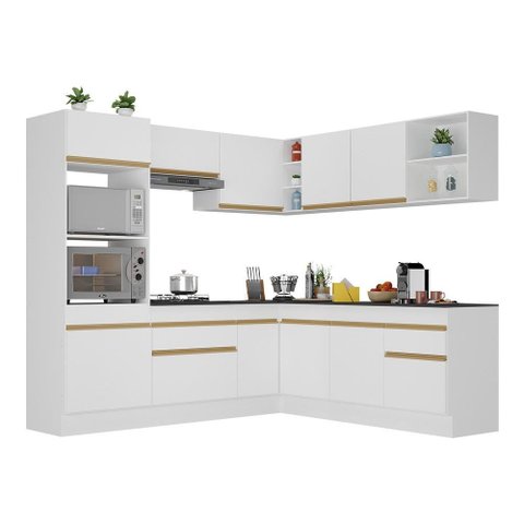 Armário de Cozinha Completa de Canto com Rodapé Veneza Multimóveis V2080 Branco/Dourado