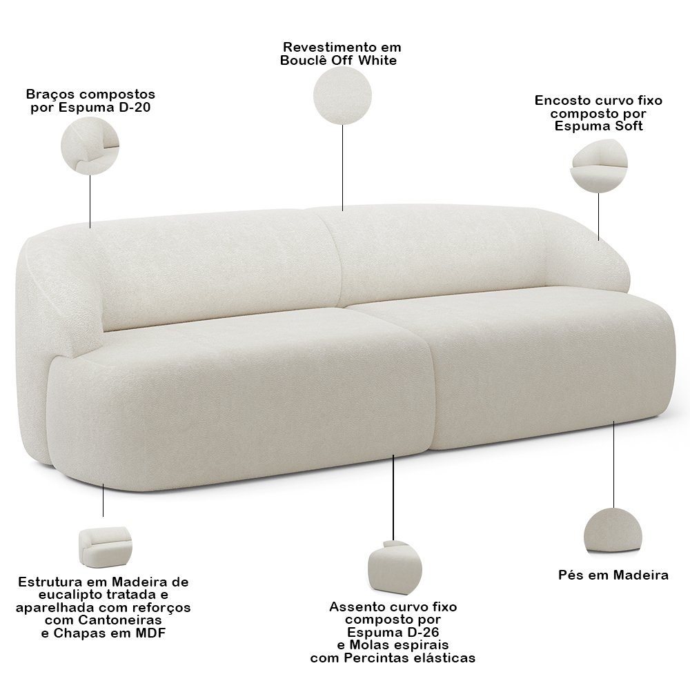 Sofá 3 Lugares Curvo Orgânico com 02 Poltronas Para Sala Living 250cm Barolo L06 Bouclê Off White -  - 3