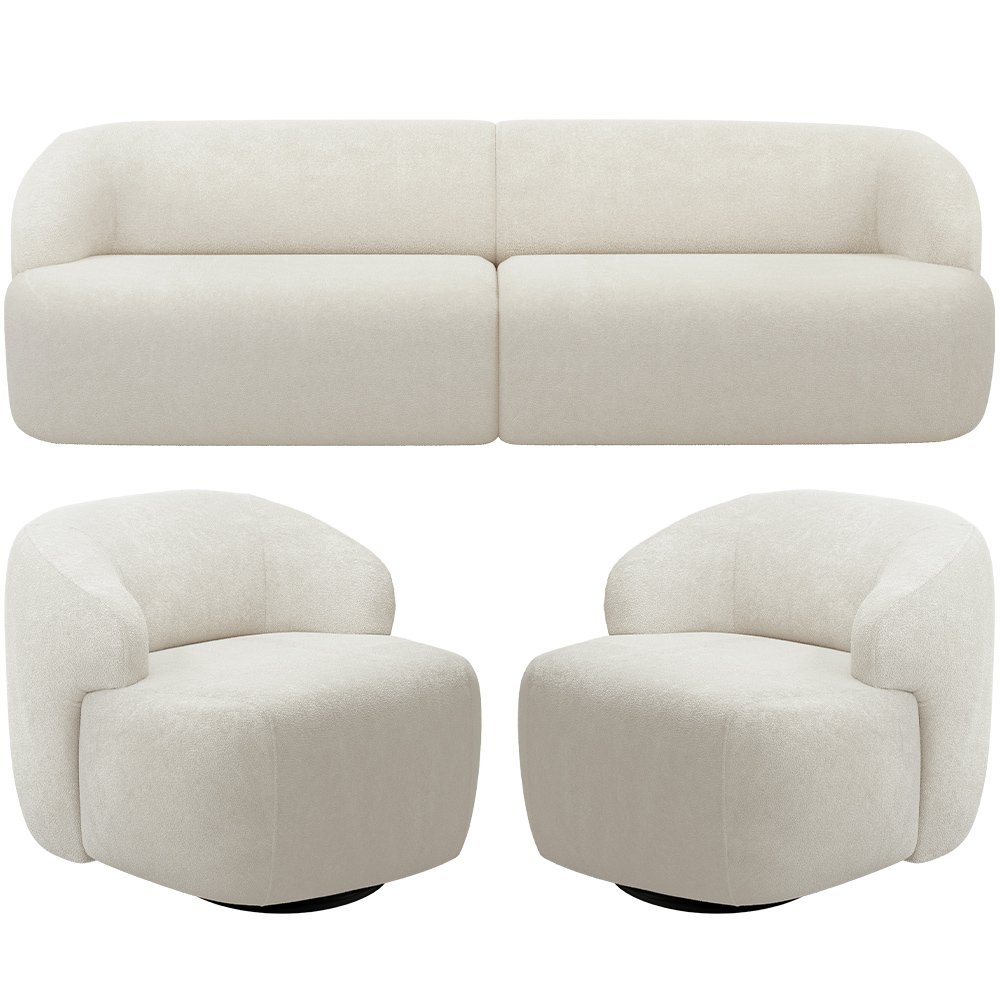 Sofá 3 Lugares Curvo Orgânico com 02 Poltronas Para Sala Living 250cm Barolo L06 Bouclê Off White - 