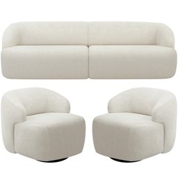Sofá 3 Lugares Curvo Orgânico com 02 Poltronas Para Sala Living 250cm Barolo L06 Bouclê Off White -  - 1