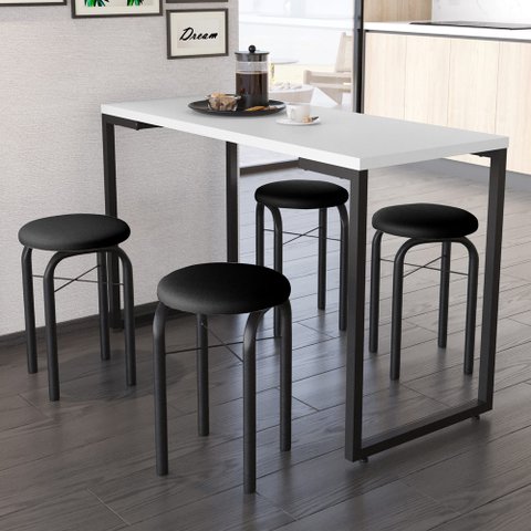 Conjunto Mesa de Cozinha Prattica Industrial 120cm com 4 Banquetas F02 Branco/Preto - Mpozenato