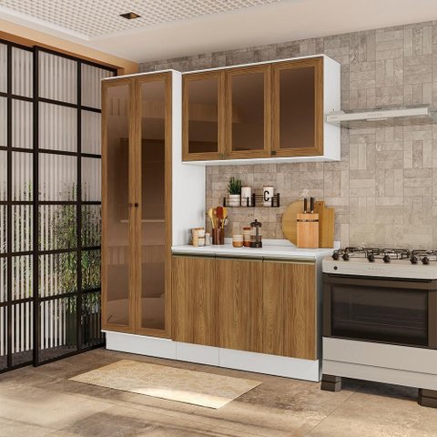 Armário de Cozinha Compacta com Vidro Reflecta 100% Mdf 192cm Branco/nogueira Celeste Kappesberg