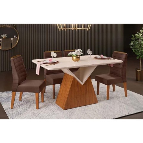 Sala de Jantar Completa Argo C/ Tampo Madeirado C/ Vidro Curvo 136x90cm e 4 Cadeiras Ondina Freijo/