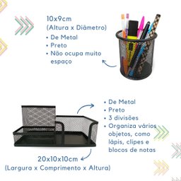 Kit Escritório Organizador de Mesa Lixeira Porta Caneta Lápis Preto - 3