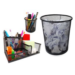 Kit Escritório Organizador de Mesa Lixeira Porta Caneta Lápis Preto - 1