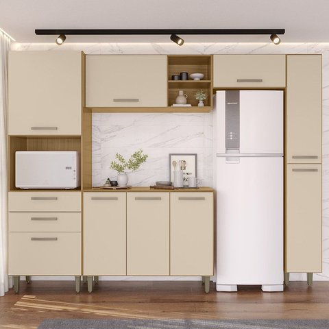 Cozinha Completa Modulada 5 Peças 9 Portas 2 Gavetas com Tampo Iris Bege/Carvalho/Off White