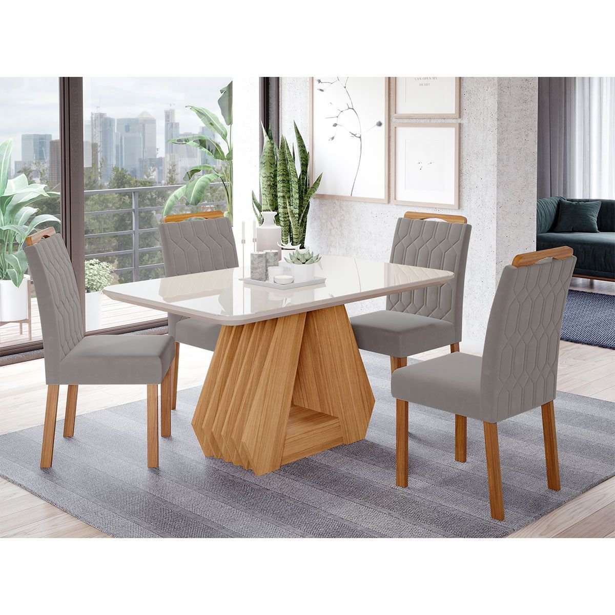 Conjunto Sala de Jantar Retangular 4 Lugares Mesa Tampo de Vidro 130 Cm Agata Cadeiras Estofadas
