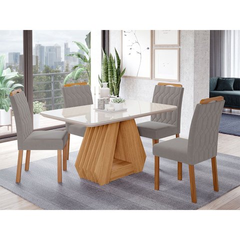Conjunto Sala de Jantar Retangular 4 Lugares Mesa Tampo de Vidro 130 Cm Agata Cadeiras Estofadas