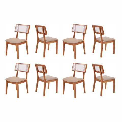 Kit 8 Cadeiras de Jantar Madeira Maciça Rattan Natural Estofadas Siena Espresso Móveis