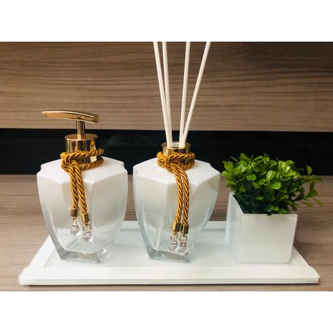 Kit Jogo Para Banheiro Porta Sabonete Dourado Aroma Bandeja Vaso