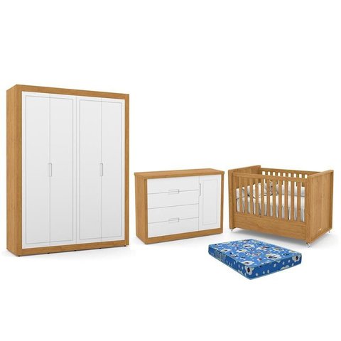 Dormitório Tutto New 4 Portas, Cômoda 1 Porta, Berço Freijó/branco Soft com Colchão - Matic Móveis