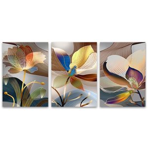 Kit com 3 Quadros Decorativos 70x50 Cm Floral Moderno, Tela Canvas, na Posição Vertical