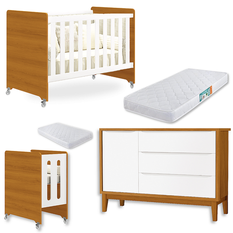 Quarto de Bebê Berço Evolution + Cômoda 1 Porta 3 Gavetas Classic Savana + 2 Colchões