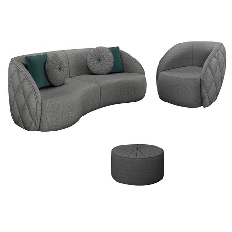 Conjunto Decorativo Sofá 288cm e Poltrona Clarke com Puff Round Linho Chumbo - Gran Belo
