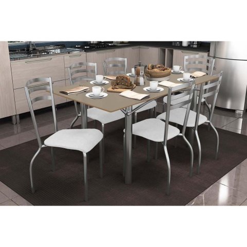 Conjunto: Mesa Sala Jantar Elba Tampo Madeirado C/ Vidro 160cm e 6 Cadeiras Portugal Cromada/freijo