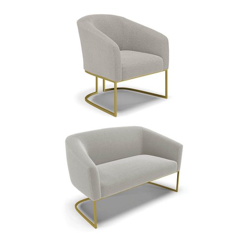 Sofá Namoradeira e Poltrona Industrial Dourado Stella Bouclê Cinza D03 - D'Rossi